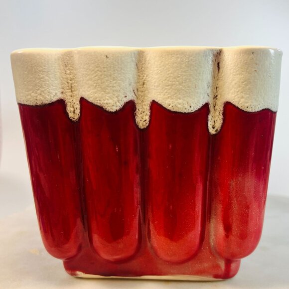 Rare Vtg Aborn G3 Calif Red White Ceramic Scalloped Planter Vase container Gift - Picture 4 of 7